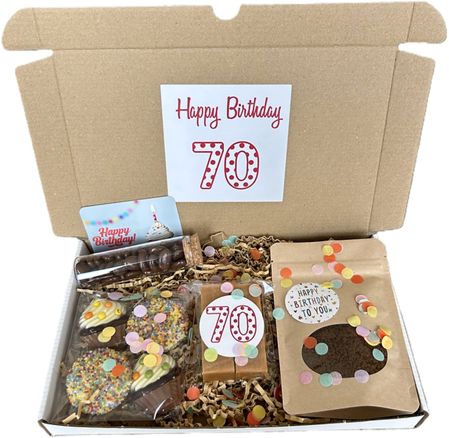 70 Verjaardag koffie brievenbus cadeau - chocolade - fudge - mokkaboontjes