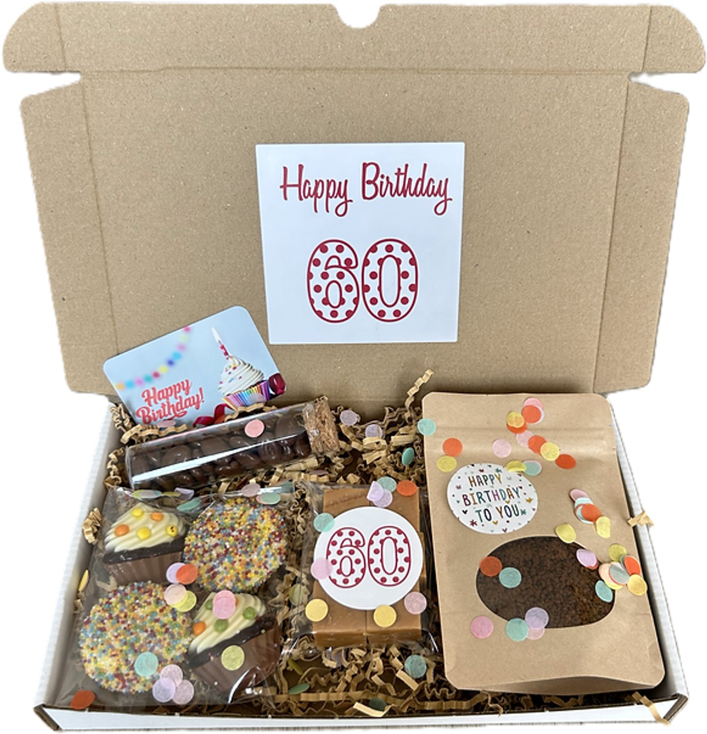 60 Verjaardag koffie brievenbus cadeau - chocolade - fudge - mokkaboontjes