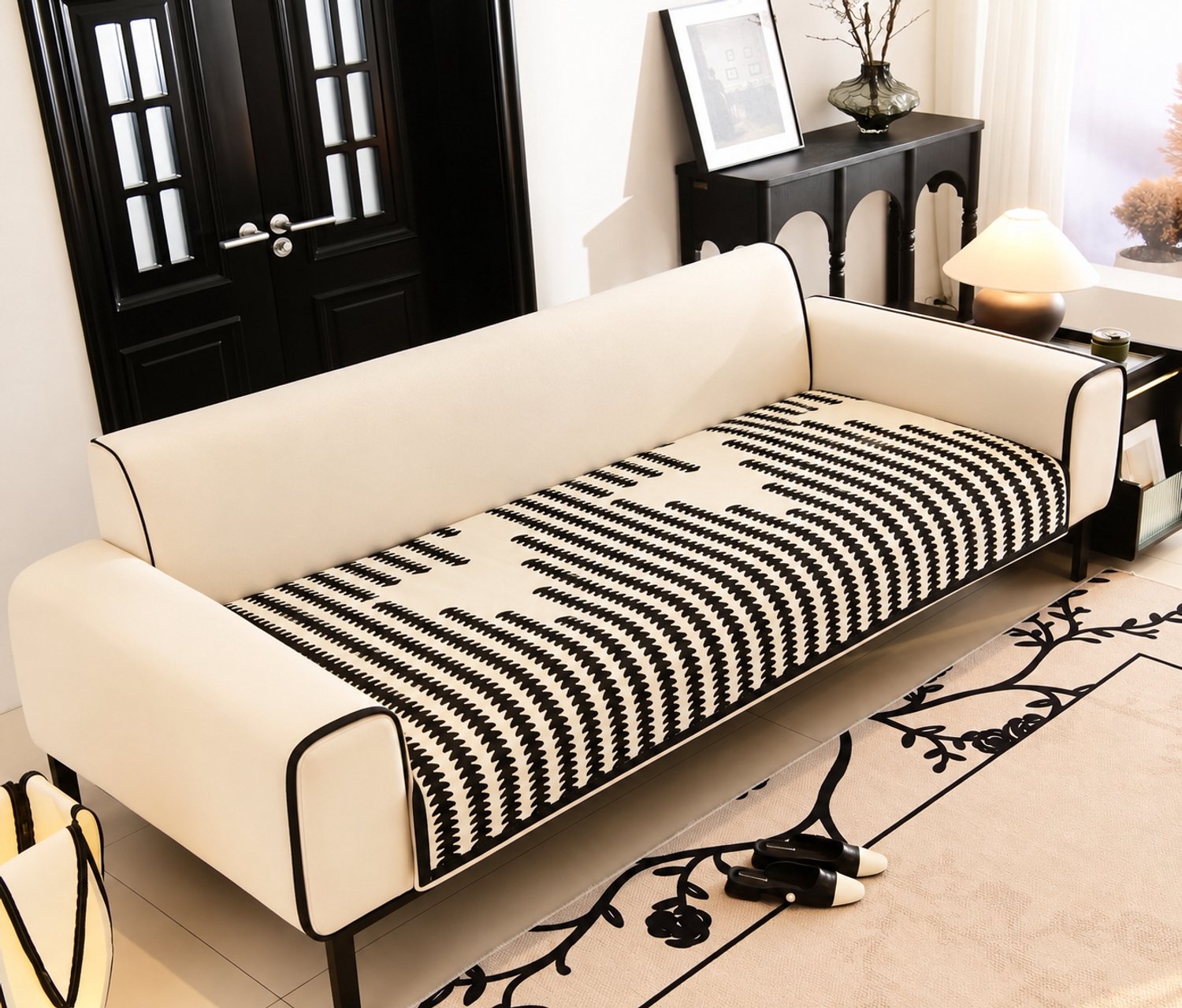 lanogr Bankhoes-chenille antislip bankbeschermer -wit zwart 70x210 cm. zwart,wit