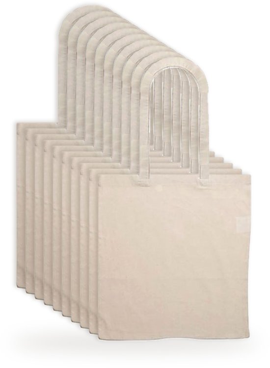 Set van tien blanco, naturelkleurige katoenen draagtassen van stevige kwaliteit in een rij.