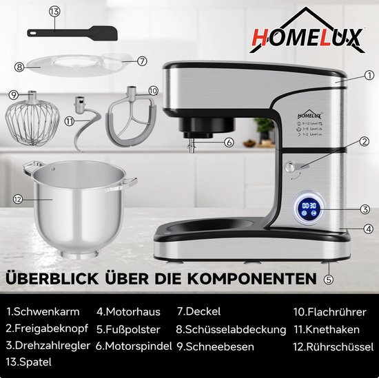 Homelux - Keukenmachine 16L XXL – 2800W Krachtige Deegmixer met LED Touchscreen – Kneedmachine met RVS Kom & 3 Opzetstukken – Professionele Mixer voor Brood, Deeg, Taart – Hamurmakinesi - Deegmachine — afbeelding 2