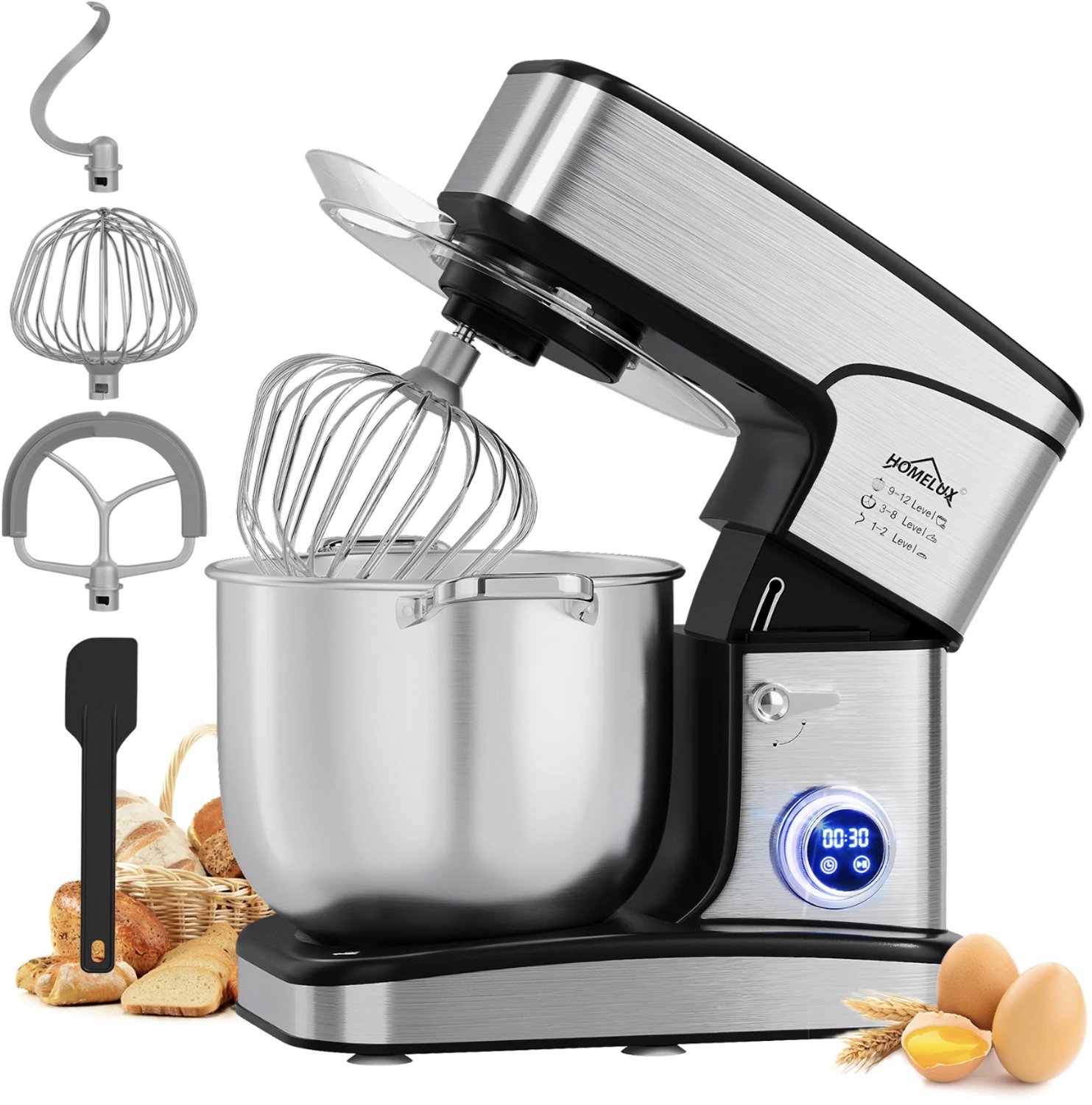 Homelux - Keukenmachine 16L XXL – 2800W Krachtige Deegmixer met LED Touchscreen – Kneedmachine met RVS Kom & 3 Opzetstukken – Professionele Mixer voor Brood, Deeg, Taart – Hamurmakinesi - Deegmachine