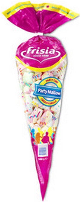 Kegelvormige zak Frisia Party Mallows met kleurrijke suikerspekkies in roze verpakking.