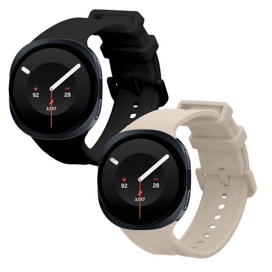 Twee smartwatches in zwart en beige, elk met een bijpassend siliconen horlogebandje.