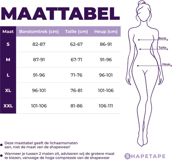 Tableau des tailles avec mesures du corps pour poitrine, taille et hanches à côté d'une silhouette féminine.
