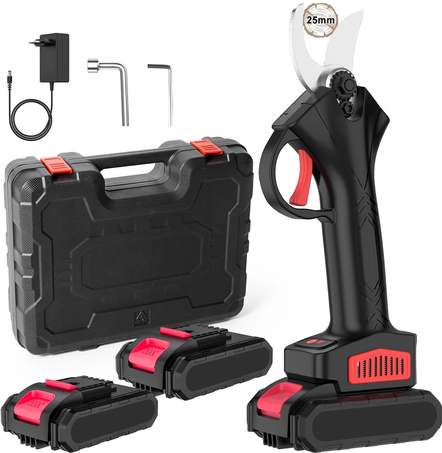 Heidat elektrische snoeischaar - Takkenschaar met 2 accu`s en koffer - 21V - 25-30 mm - Zwart