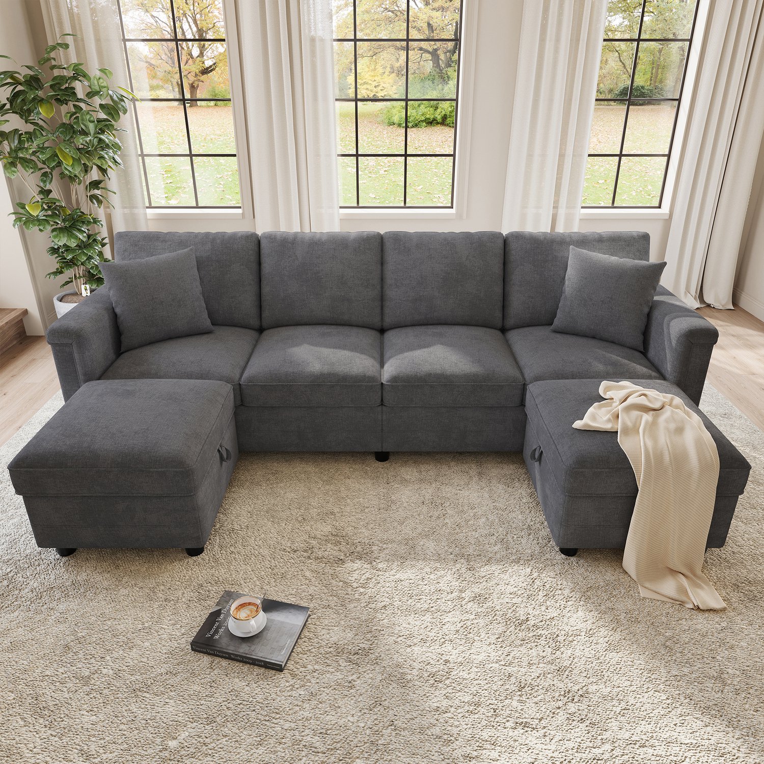 VVBV Hoekbank met Opbergruimte 261x134x82 cm – USB/Type-C, Modulair, Armleuningen – voor Woonkamer – Chenille – Grijs