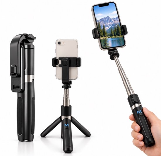 Zwarte Monos Goods selfiestick-statief met uitschuifbare arm en Bluetooth-afstandsbediening, getoond in drie standen.