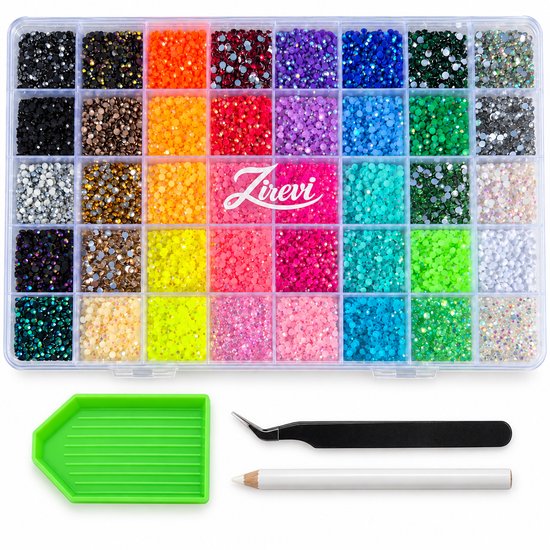 Zirevi opbergdoos met 40 kleuren strass steentjes, inclusief groen sorteerbakje, pincet en wax potlood.