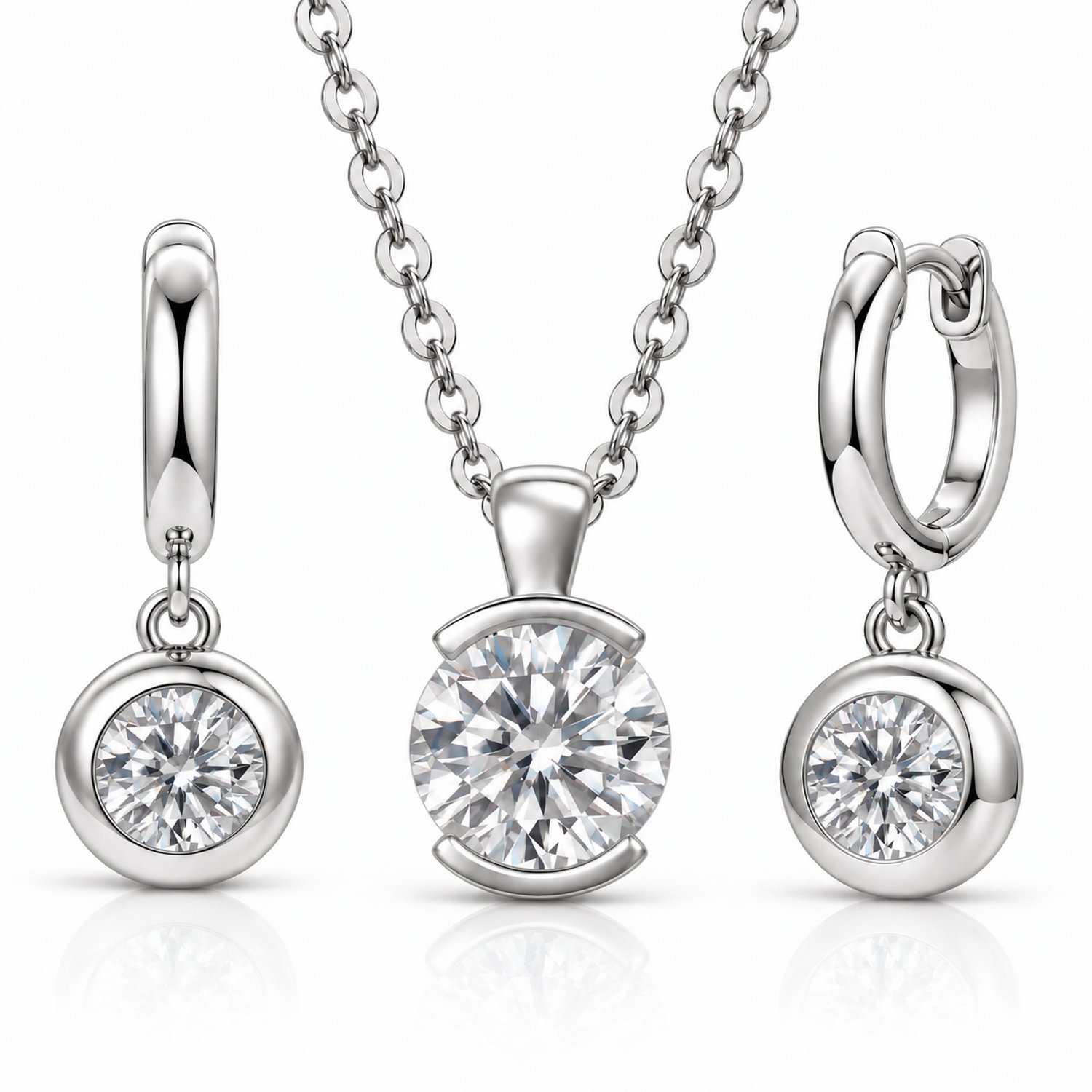 Selevie Sieradenset Witgoud – Ketting 2 ct & Oorbellen 1,2 ct per stuk – Moissanite – Solitaire Diamond Look
