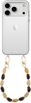 xoxo Wildhearts telefoonhoesje geschikt voor iPhone 17 Pro Max - Amber Dust (kort koord) - siliconen hoesje met koord - Backcover met telefoonkoord - Telefoonhanger stenen ketting - Beige / Bruin