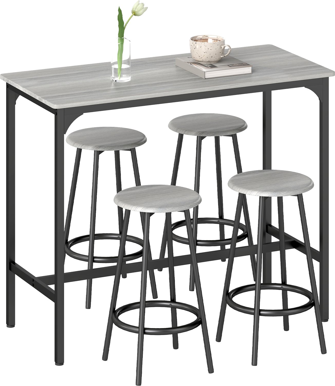 Lunpog Set bestaande uit een hoge tafel en 4 Ronde kruk met hoge poten met voetsteunen - zwart metaal en houtlook - voor keuken en eetkamer Gris