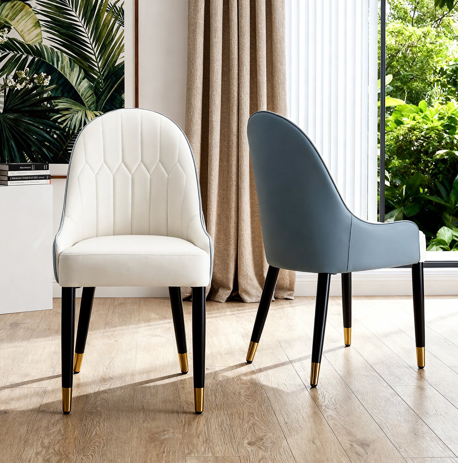 STILVORA Eetkamerstoel 43 x 44 x 91 cm - Set van 2 - Met Armleuningen en Zachte Zitting - Voor Eetkamer en Keuken - Kunstleer - Wit en Blauw Wit, blauw, zwart en goud