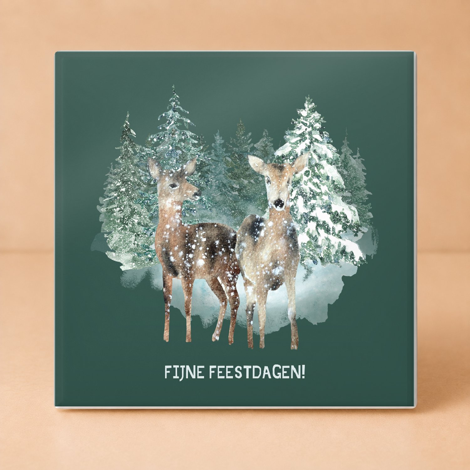 Bedruk King Sfeervolle Winter 'Fijne Feestdagen!' Tegel – Kerst Decoratietegel met Reeën in Sneeuwbos voor Kerstliefhebbers - 11 x 11 cm Wit
