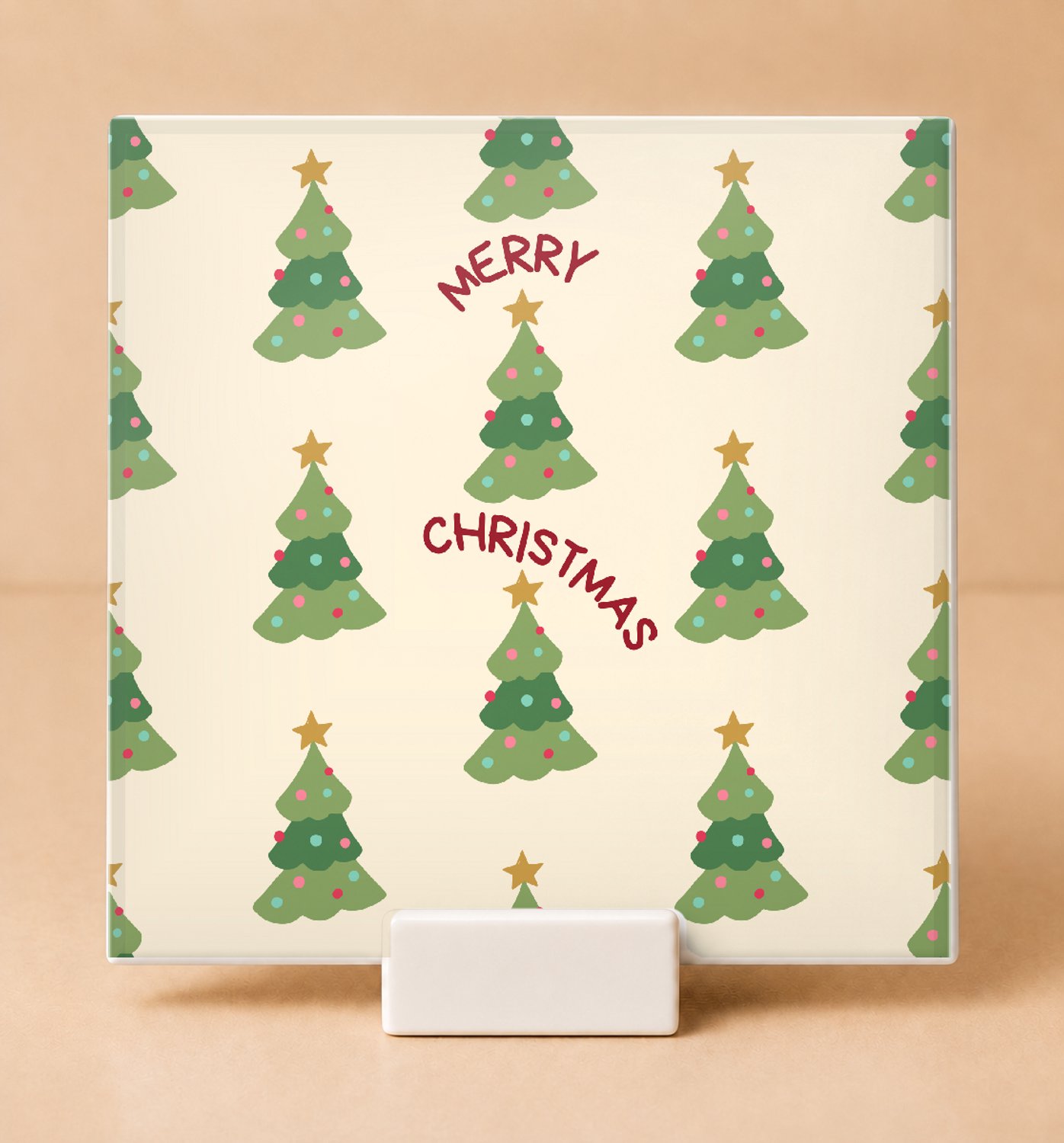 Bedruk King Gezellige Merry Christmas Kerstboom Tegel – Feestelijke Keramische Kersttegel voor Kerstfans en Kerstdecoratie Liefhebbers - 15 x 15 cm met houder Wit