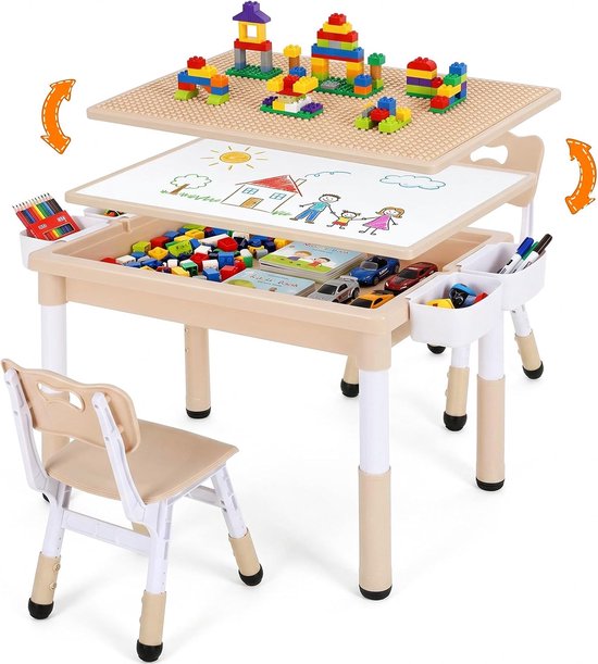 Kindertafel met 2 stoelen, kindertafel, opbergruimte en omkeerbare