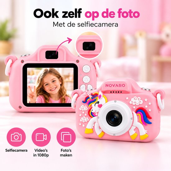 Roze eenhoorncamera met selfiecamera, ondersteunt 1080p video en fotomodus voor selfies.