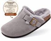 Dames Clogs – Warme Gevoerde Clogs met Gesp – Pantoffels – Stevige Zool – Grijs - maat 39 - Voetlengte 27 cm -