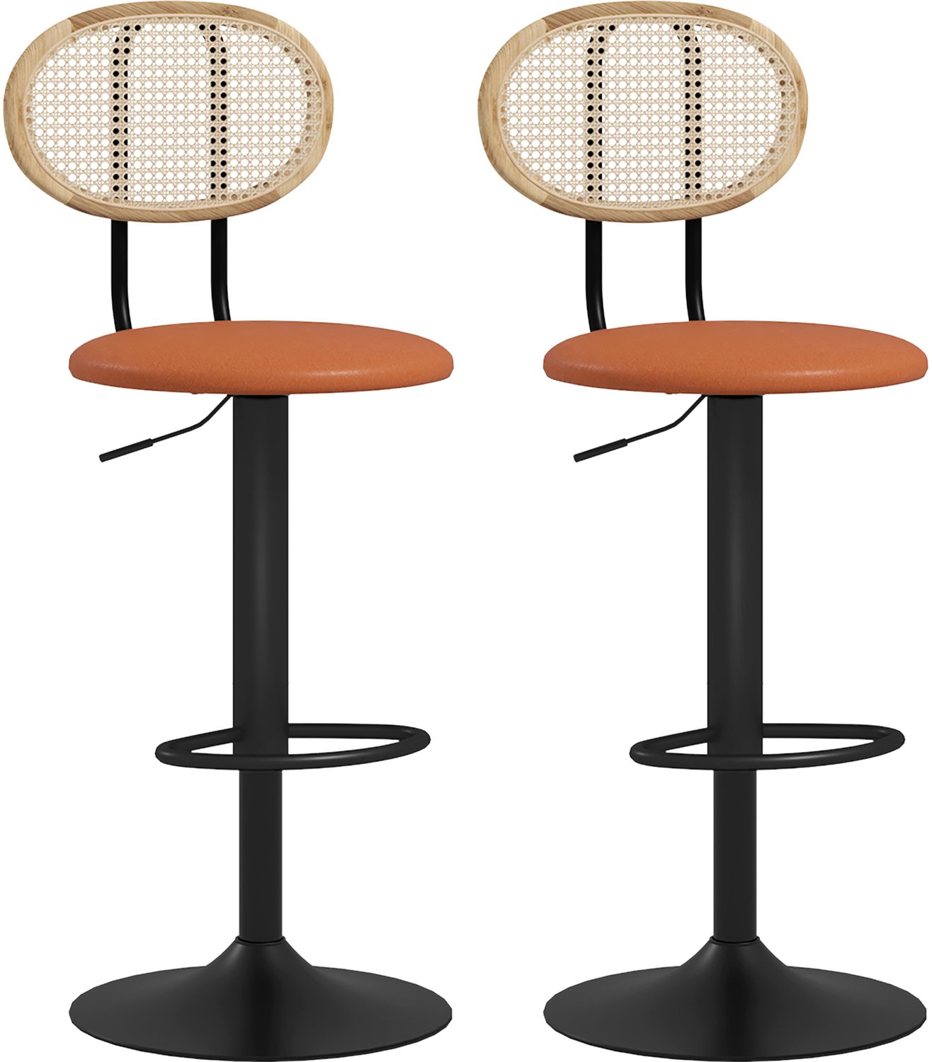 Lunpog Set van 2 barkrukken, barstoelen, in hoogte verstelbaar, rugleuning en voetsteun van rotan, moderne hoge kruk, houtstructuur, synthetische coating, bruin