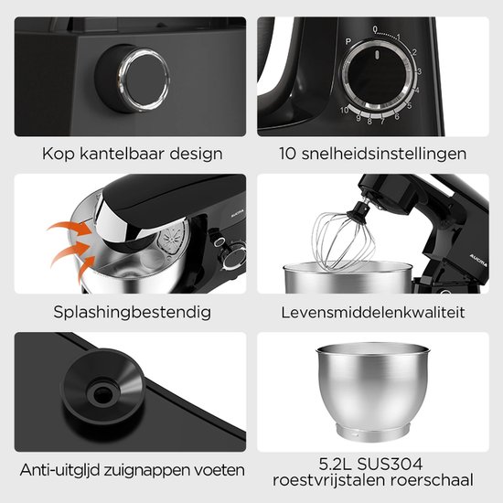 Keukenmachine – Mengkom 5 liter – 10 snelheden – Kantelkop – Zwart — afbeelding 3