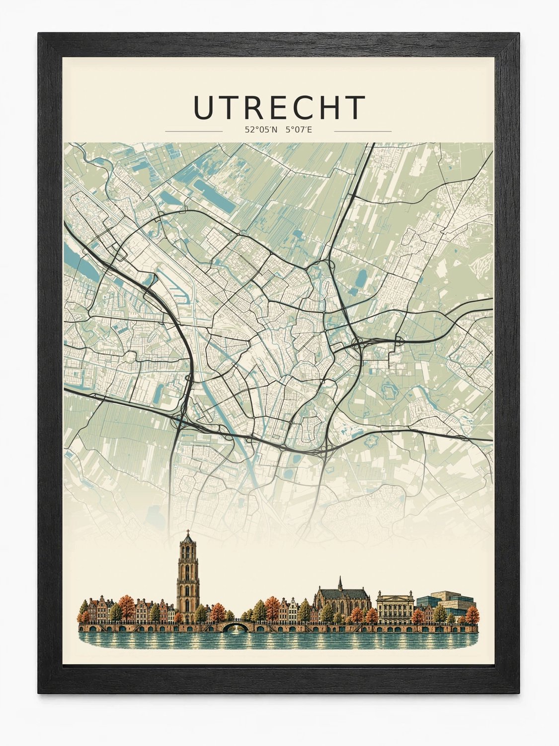 Joshimo Utrecht Stadskaart Poster | Vintage Kaart met Skyline | Inclusief Zwarte A3 Lijst