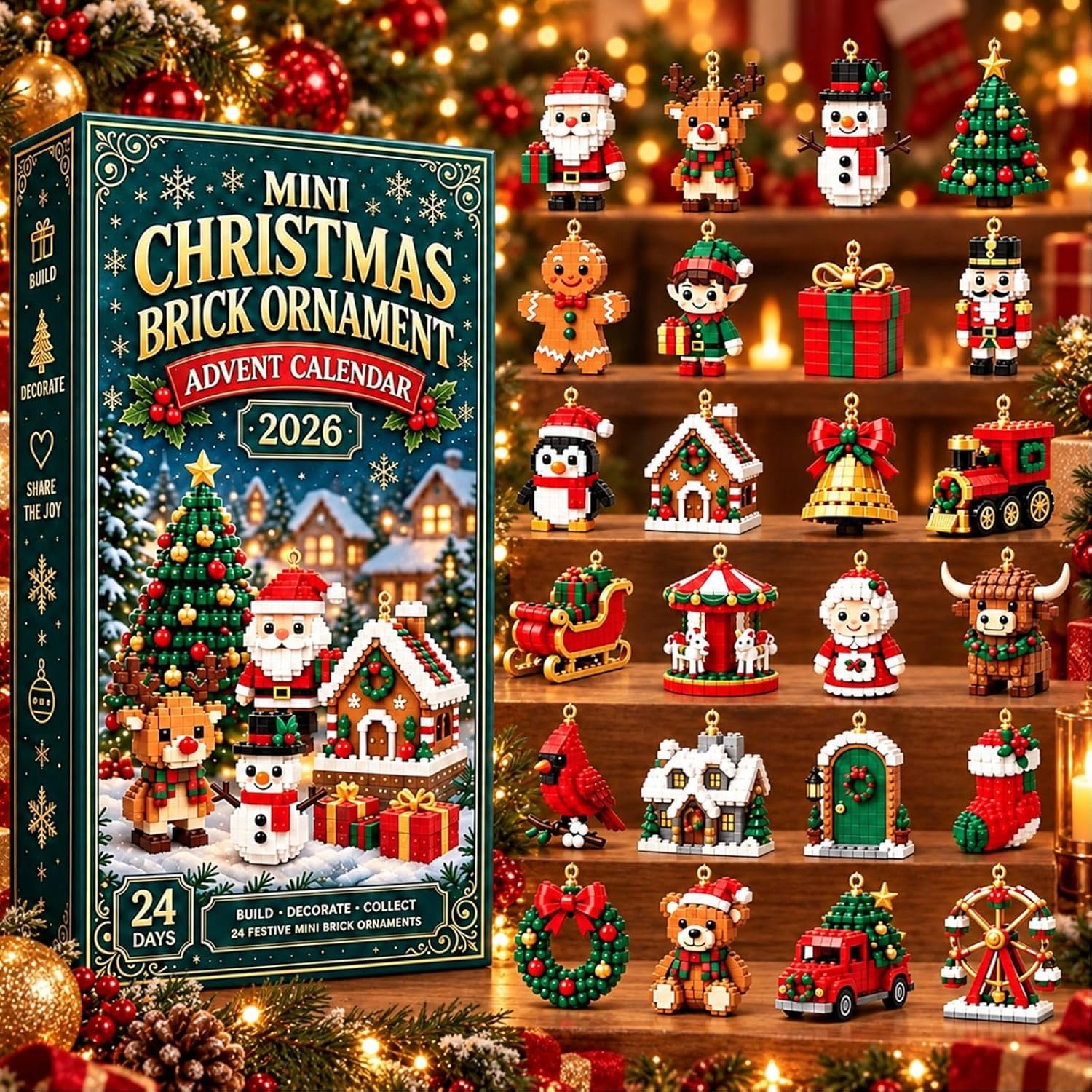 Pyreta Adventskalender 2026 - 24-daagse mini-kerstadventskalender met bouwstenen (2026) – doe-het-zelfornamenten voor in de kerstboom - 24 unieke ontwerpen om zelf in elkaar te zetten Multicouleur