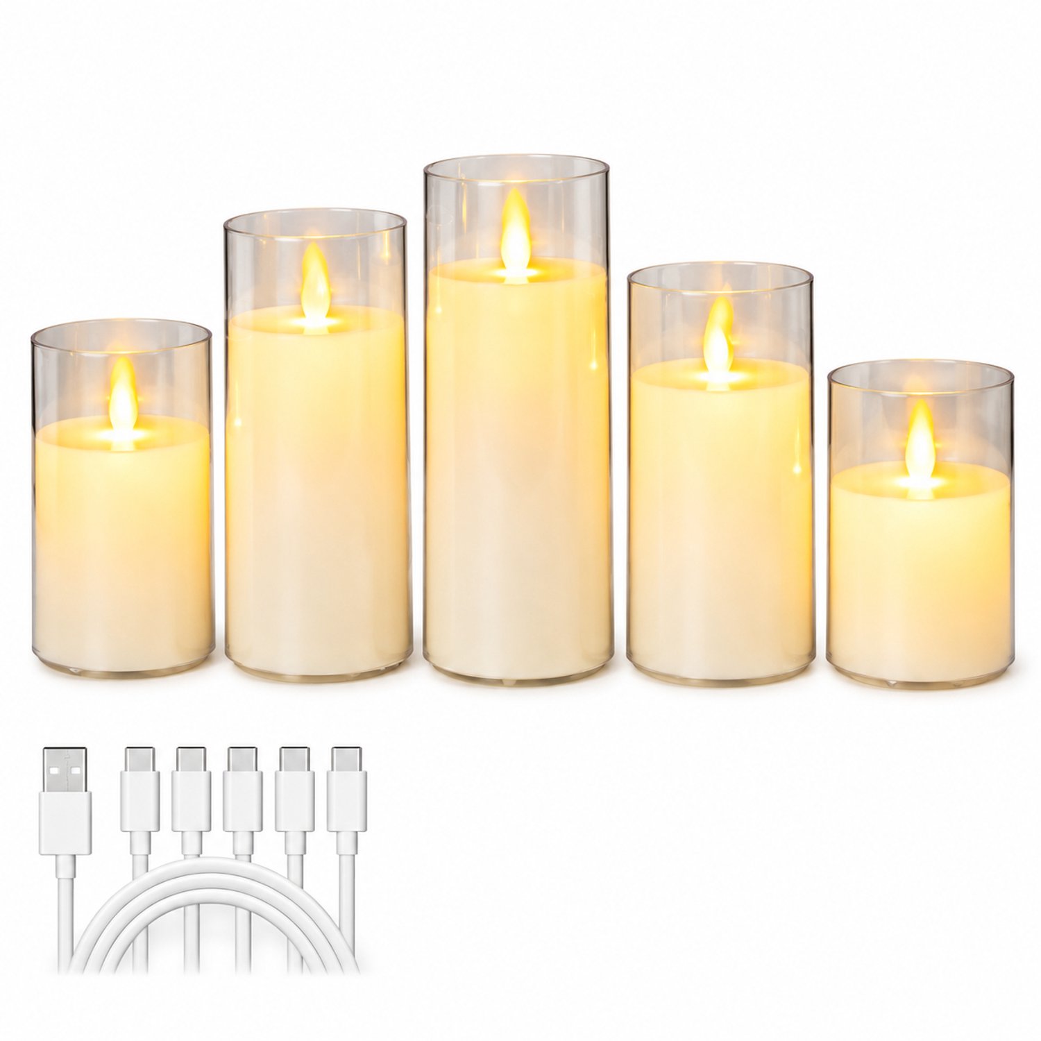 SWGOTA elektronische kaarsen, oplaadbare set van 5 met bewegende vlam en transparante omhulling, diameter 7,5 cm, hoogtes 10/12,5/15/17,5/20 cm