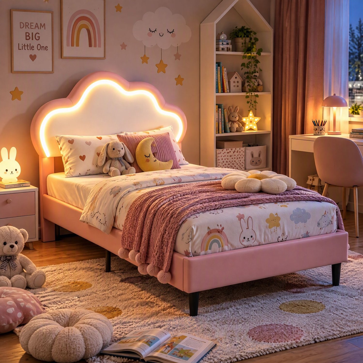 Mofor Kinderbed 90x200 cm met LED-verlichting en Verstelbaar Hoofdbord - Kunstleer - Wolkendesign - Roze/Wit Roze, Wit