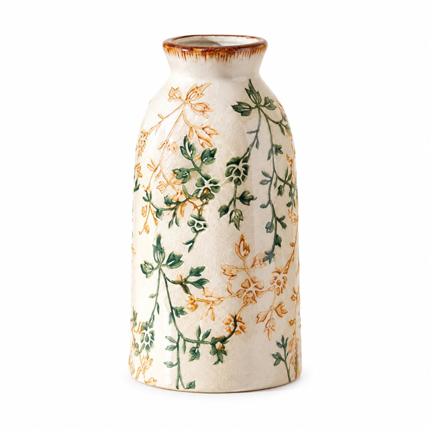 SWGOTA Keramische vaas met craquelé en plantenmotief, klein model, 15,5 cm hoog, smalle opening, voor kunstbloemen Crème