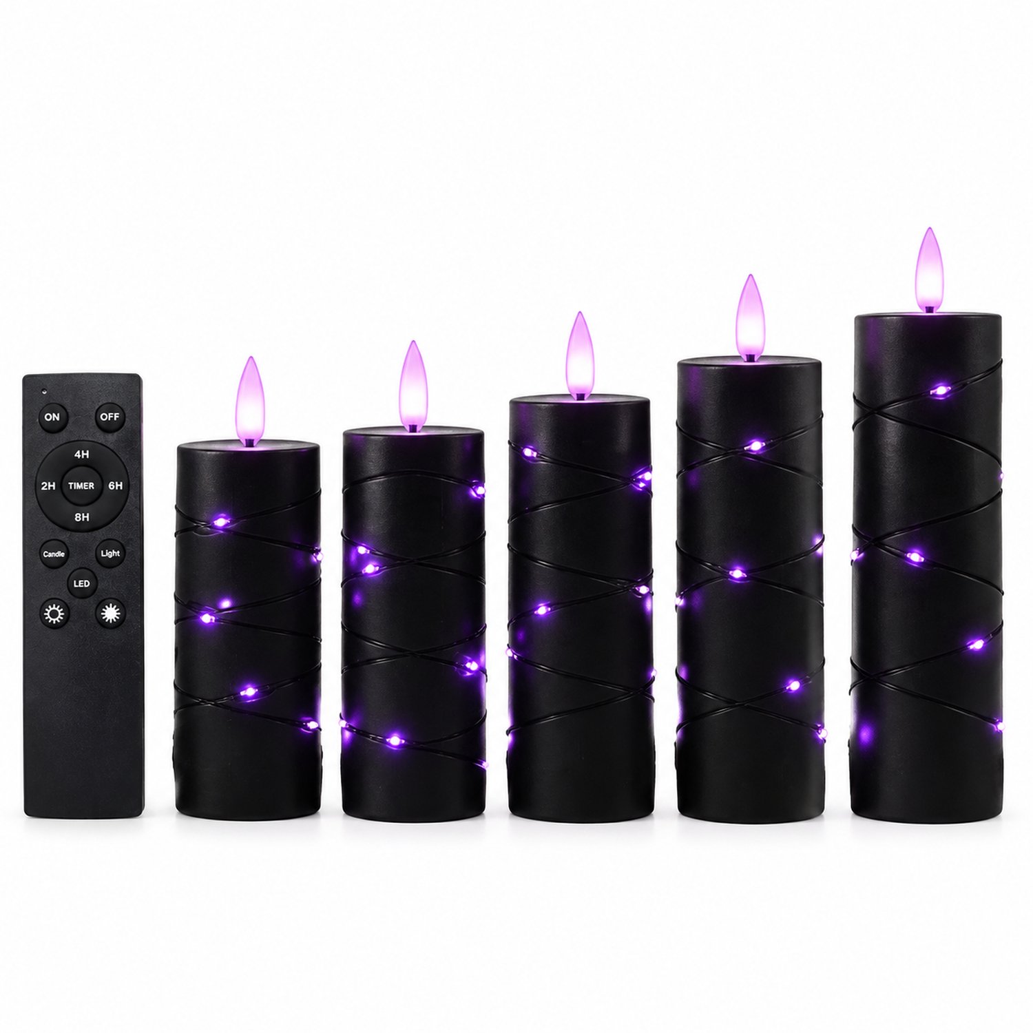 SWGOTA led kaarsen, 5 stuks per doos, zwart met paars licht, puntvormige lichttop en lichtsnoer rondom, inclusief grote afstandsbediening