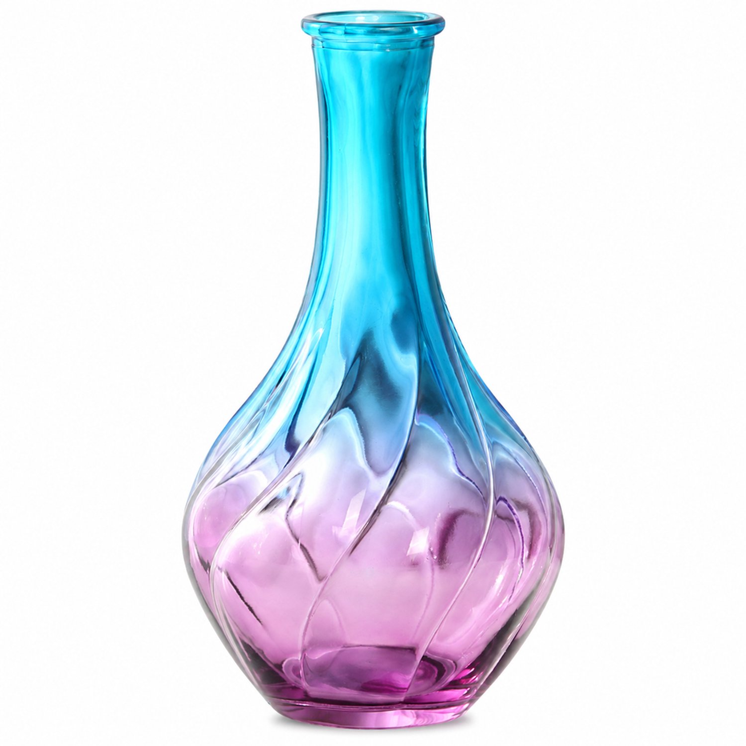 SWGOTA Blauw-paarse glazen vaas, 17 cm hoog, met gedraaide structuur en slanke hals, voor bloemen op tafel, schuimverpakking