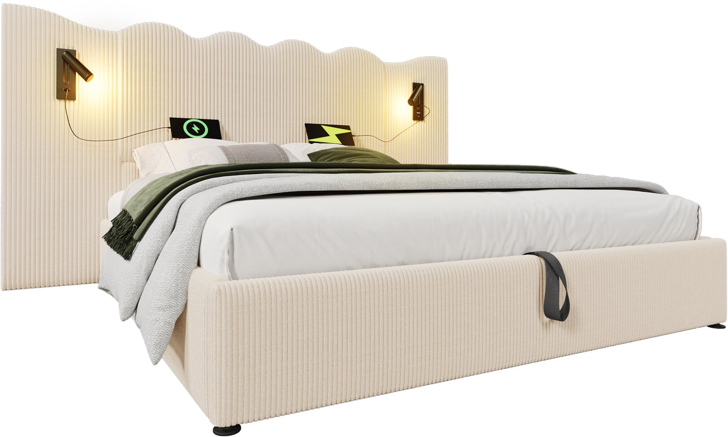 MUVANO Gestoffeerd tweepersoonsbed 180x200 - Opbergbed met leeslamp en USB-C - Ribstof en houten lattenbodem - Voor slaapkamer - Beige-wit