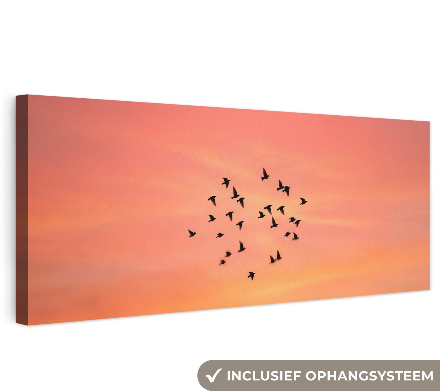 Canvas schilderij 120x40 cm - Exclusieve wanddecoratie Zwerm - Vogels - Oranje - Muurdecoratie woonkamer - Slaapkamer decoratie - Kamer accessoires - Schilderijen op canvas