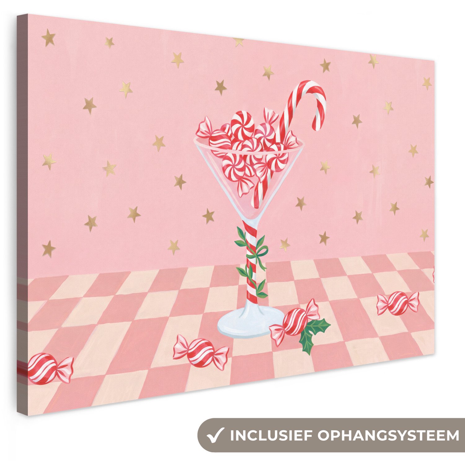 Canvas schilderij 140x90 cm - Exclusieve wanddecoratie Snoep - Glas - Roze - Muurdecoratie woonkamer - Slaapkamer decoratie - Kamer accessoires - Schilderijen op canvas groot XXL