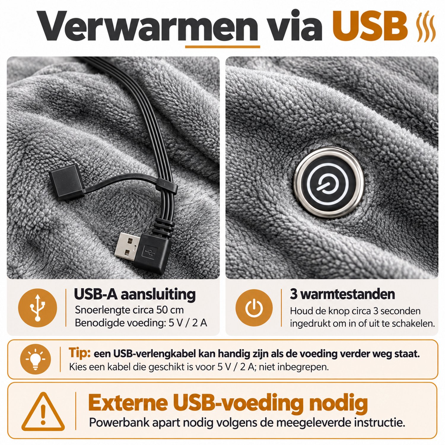USB Warmtedeken WT-JMT01 – Elektrische Omslagdeken – 75 × 67 cm – 3 Warmtestanden – 5V/2A – Grijs – foto 2