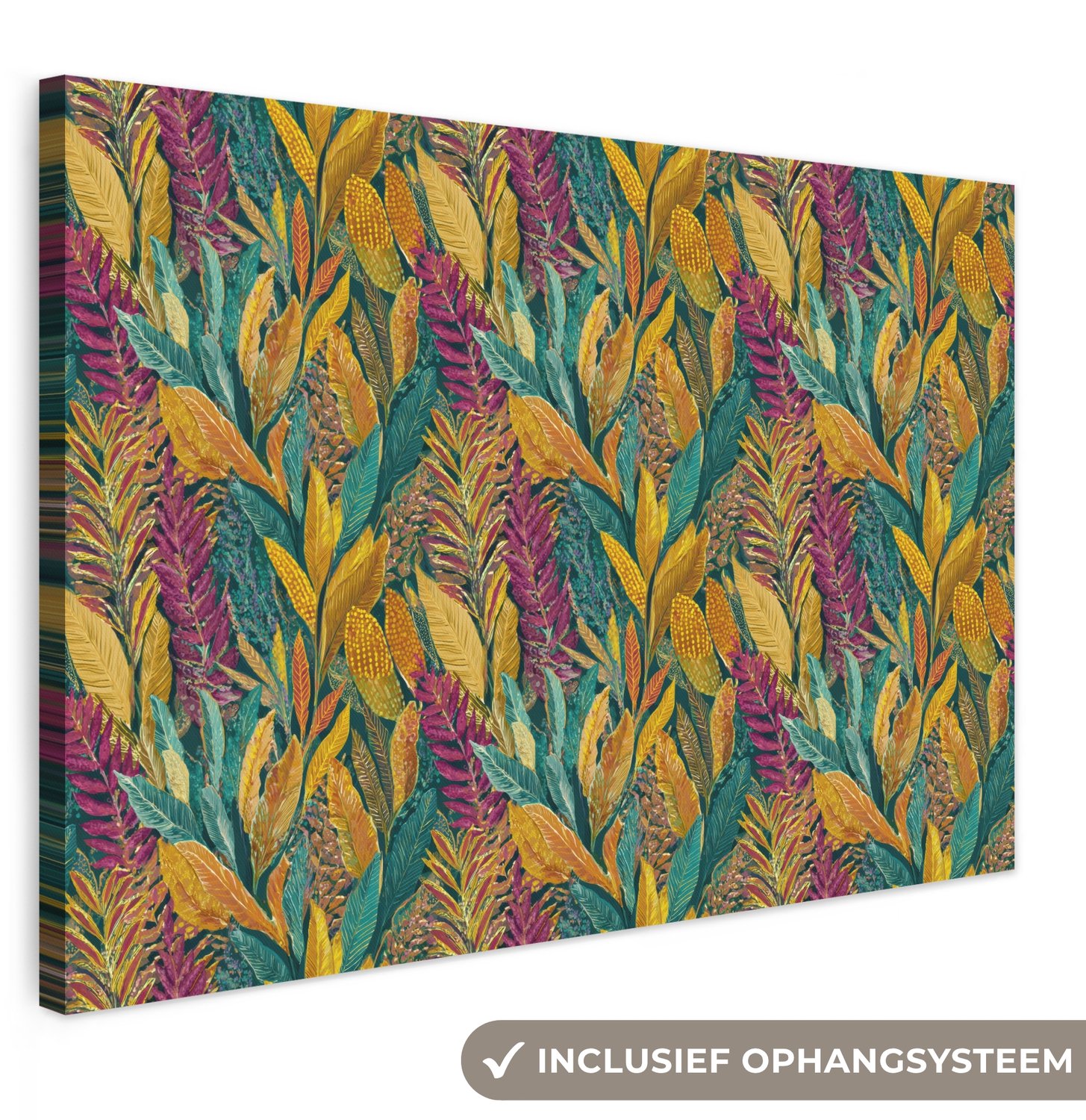 Canvas schilderij 140x90 cm - Exclusieve wanddecoratie Tropische - Botanisch - Patroon - Kleurrijk - Exotisch - Muurdecoratie woonkamer - Slaapkamer decoratie - Kamer accessoires - Schilderijen op canvas groot XXL