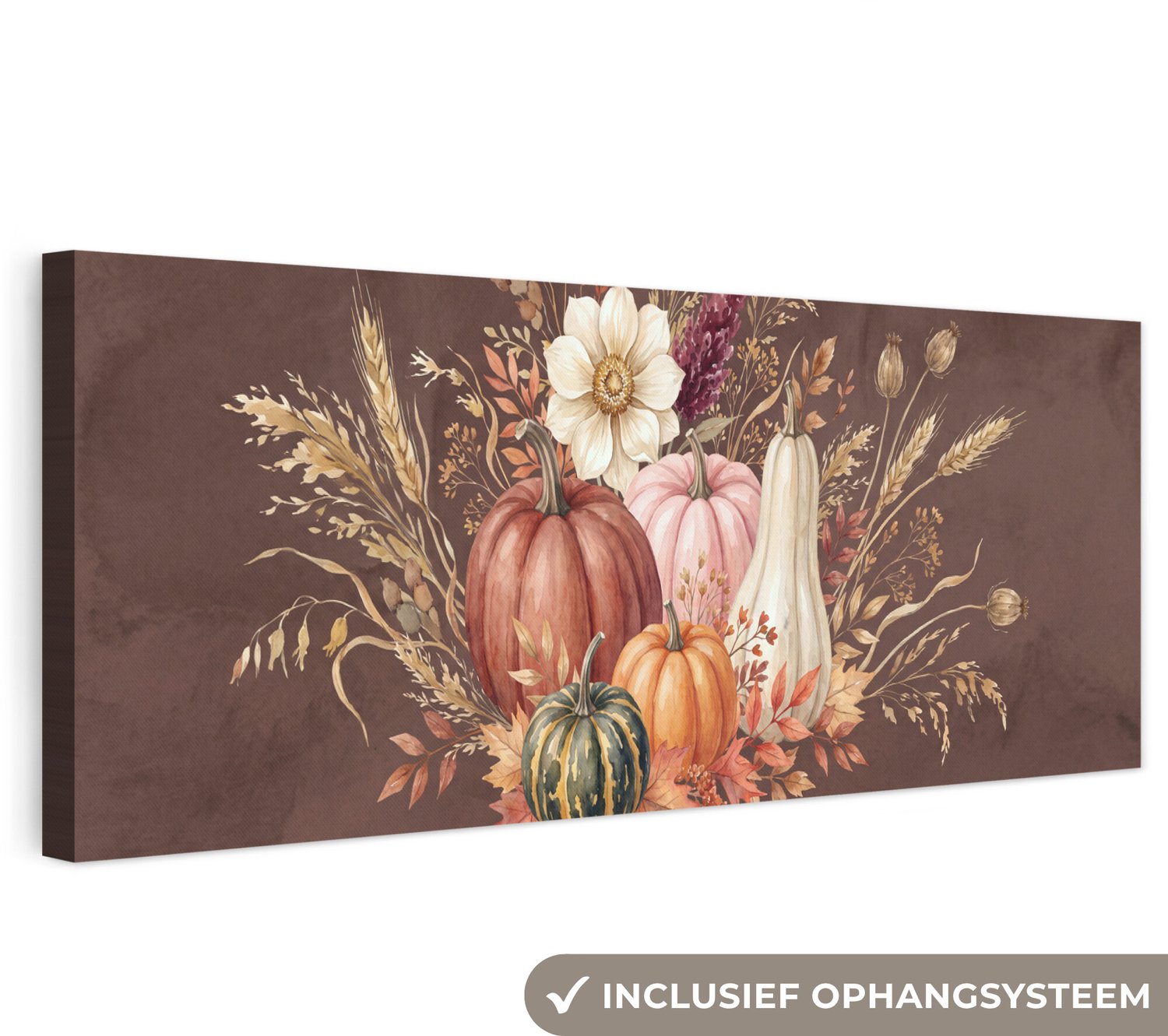 Canvas schilderij 90x30 cm - Exclusieve wanddecoratie Pompoenen - Herfst - Aquarel - Muurdecoratie woonkamer - Slaapkamer decoratie - Kamer accessoires - Schilderijen op canvas