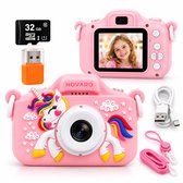 NOVARO Digitale Kindercamera - Eenhoorn - Selfiecamera - 1080p Video - Inclusief 32GB microSD-kaart - 5 Spelletjes - Roze
