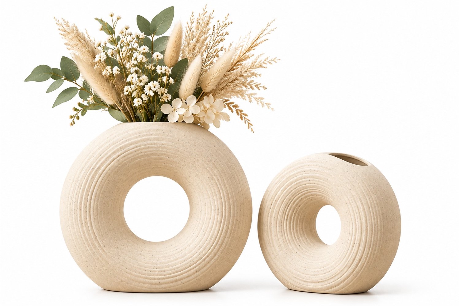 LUXALIVING Vazen Set van 2 – Beige Keramische Donut Vazen – Ronde Bloemenvazen – Moderne Decoratie – Voor Woonkamer en Slaapkamer Biege