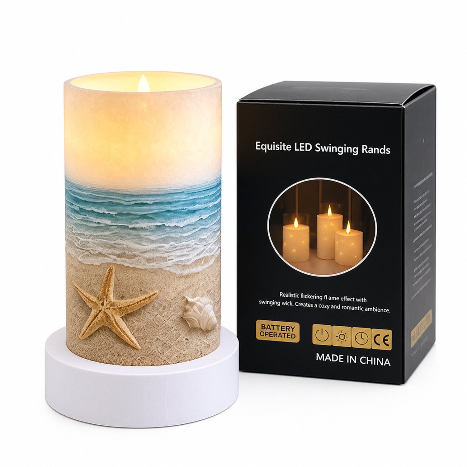 SWGOTA led kaarsen: 1 kaars met bewegende vlam, 7,5 x 15 cm, zeester- en golfdecoratie, warm licht, in doos, zonder batterijen Beige