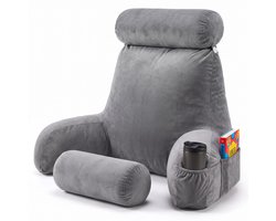 Leeskussen voor in bed - Met 4 opbergvakken - Rugkussen voor onderrug - Bookseat voor bank - Grijs - Soft & Silky