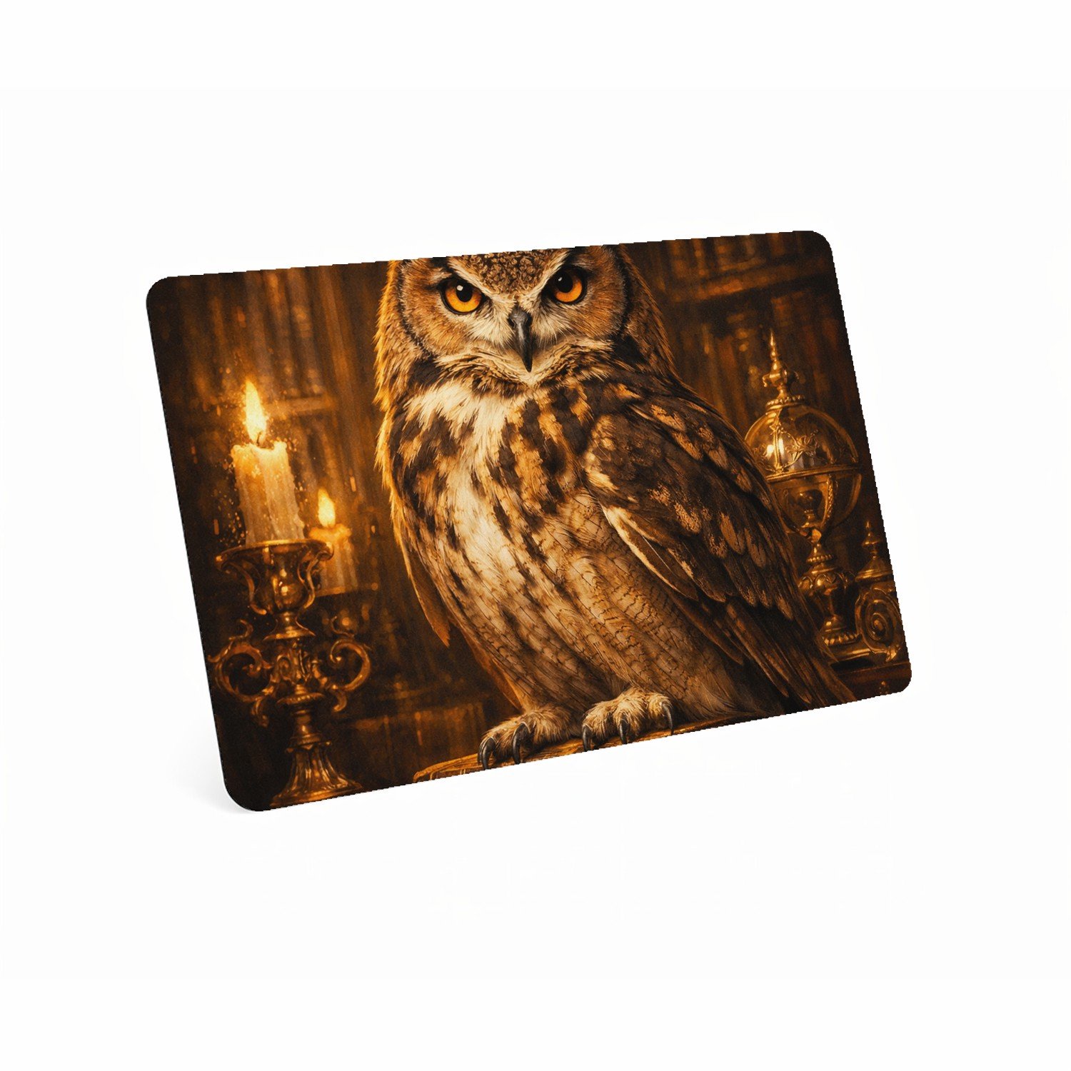Mr Cadeautjes MDF magnetische fotolijst 28 x 19 - design Een chique uil in een bibliotheek vol gouden licht en oude b | cadeau Wit