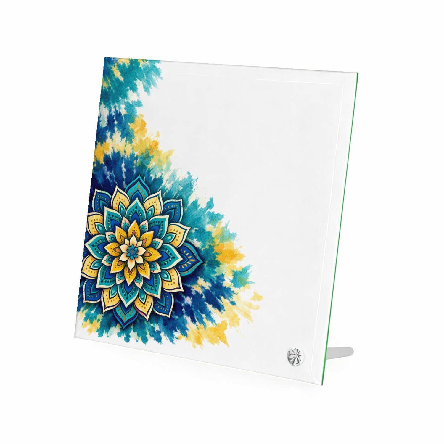 Mr Cadeautjes Glasframe 20 x 20 - design Een grote, centrale zonnebloemmandala op een zachte aquarelw | cadeau Wit