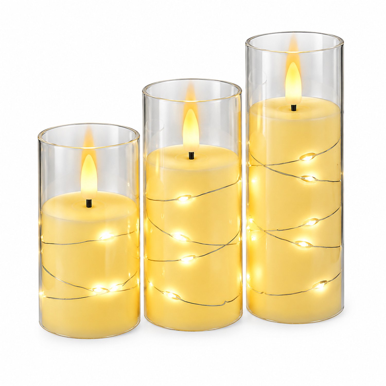SWGOTA led kaarsen, set van 3 met lichtsnoeren en transparante cilindervormige kappen, verschillende hoogtes voor feestdecoratie Wit