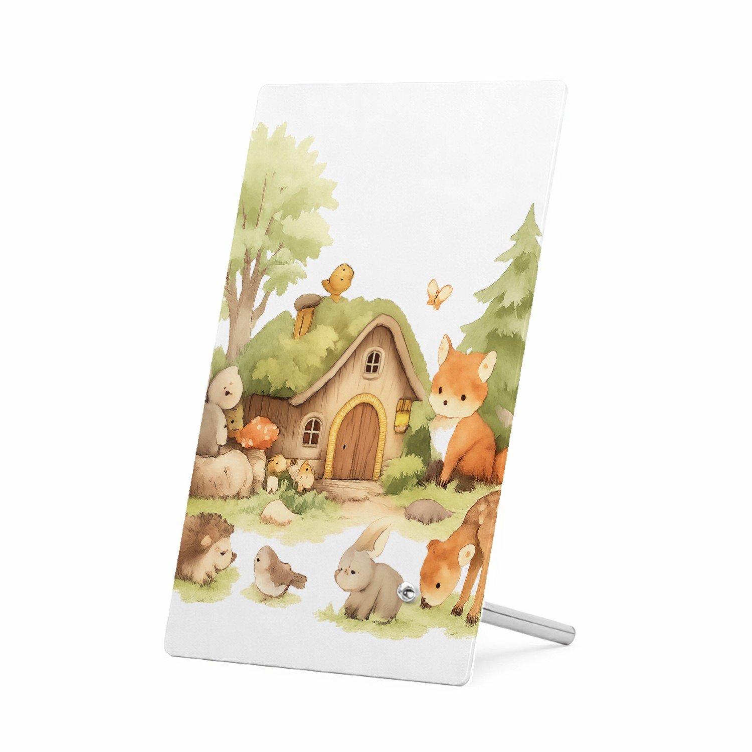 Mr Cadeautjes Glasframe 11 x 16 - design Een bosrijk ochtendtafereel met schattige dieren rond een ho | cadeau Wit
