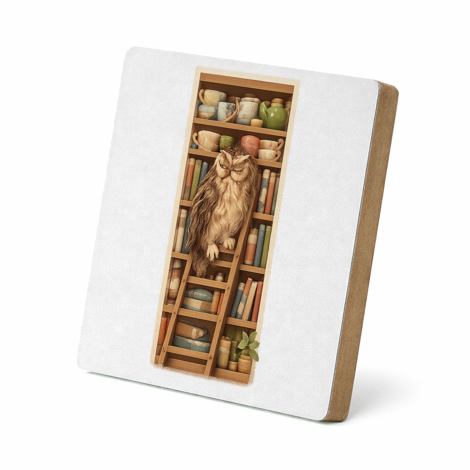 Mr Cadeautjes MDF staande fotolijst 15,2 x 15,2 - design Een slaperige uil op een ladder naast een hoge plank met the | cadeau Wit