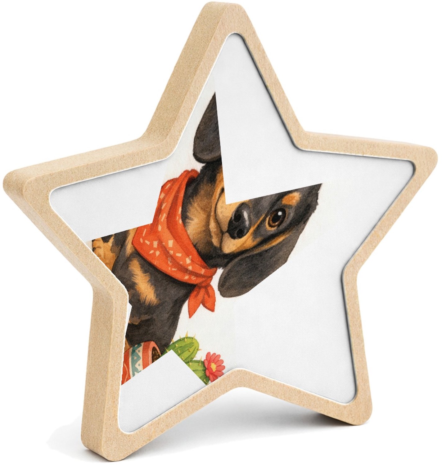 Mr Cadeautjes MDF fotolijst ster 14 x 13,5 - design Een eigenwijze teckel met een bandana, naast een kleine cact | cadeau Wit