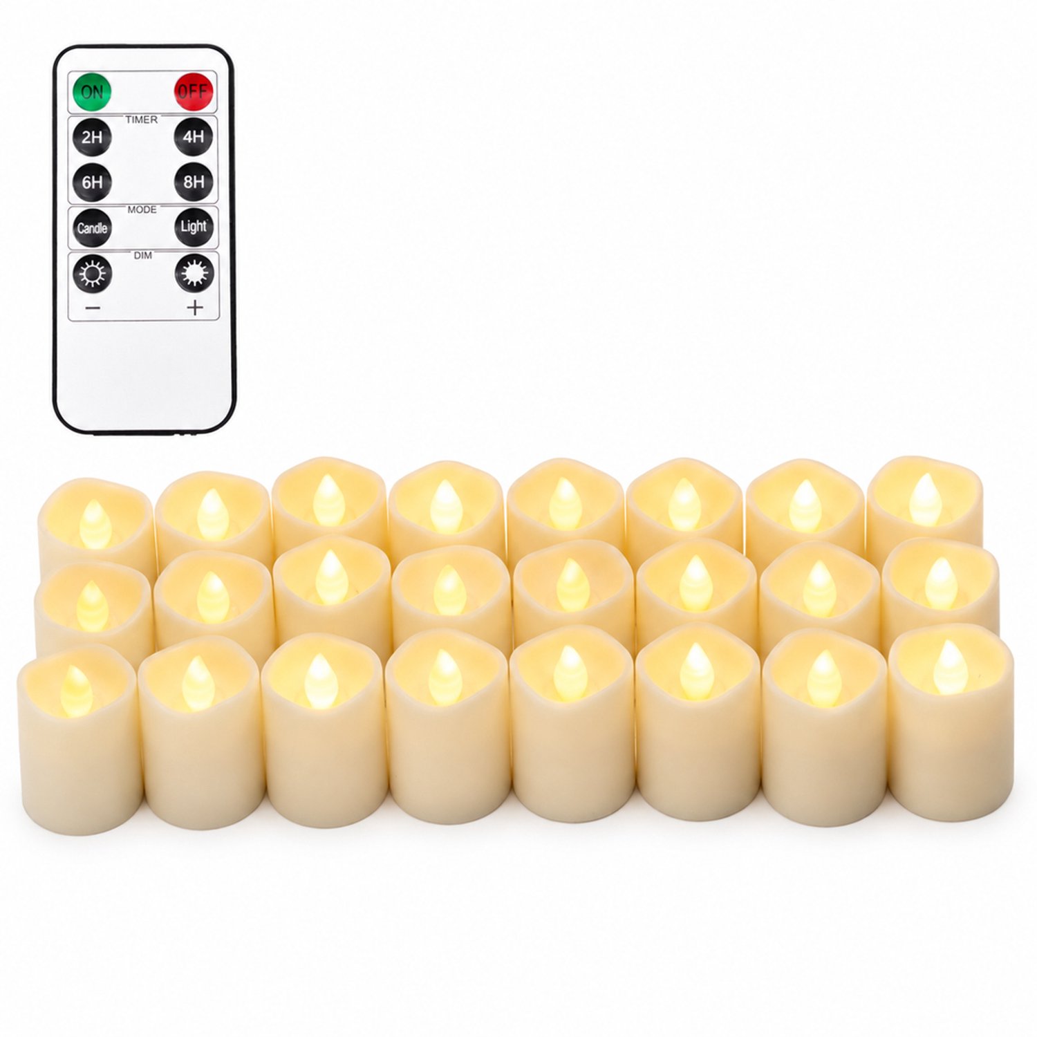 SWGOTA led kaarsen - 24 grote theelichtjes per doos - Warm licht en vlamvorm - Cilindervorm met schuine bovenrand - Kleine afstandsbediening met knoopcelbatterij Wit