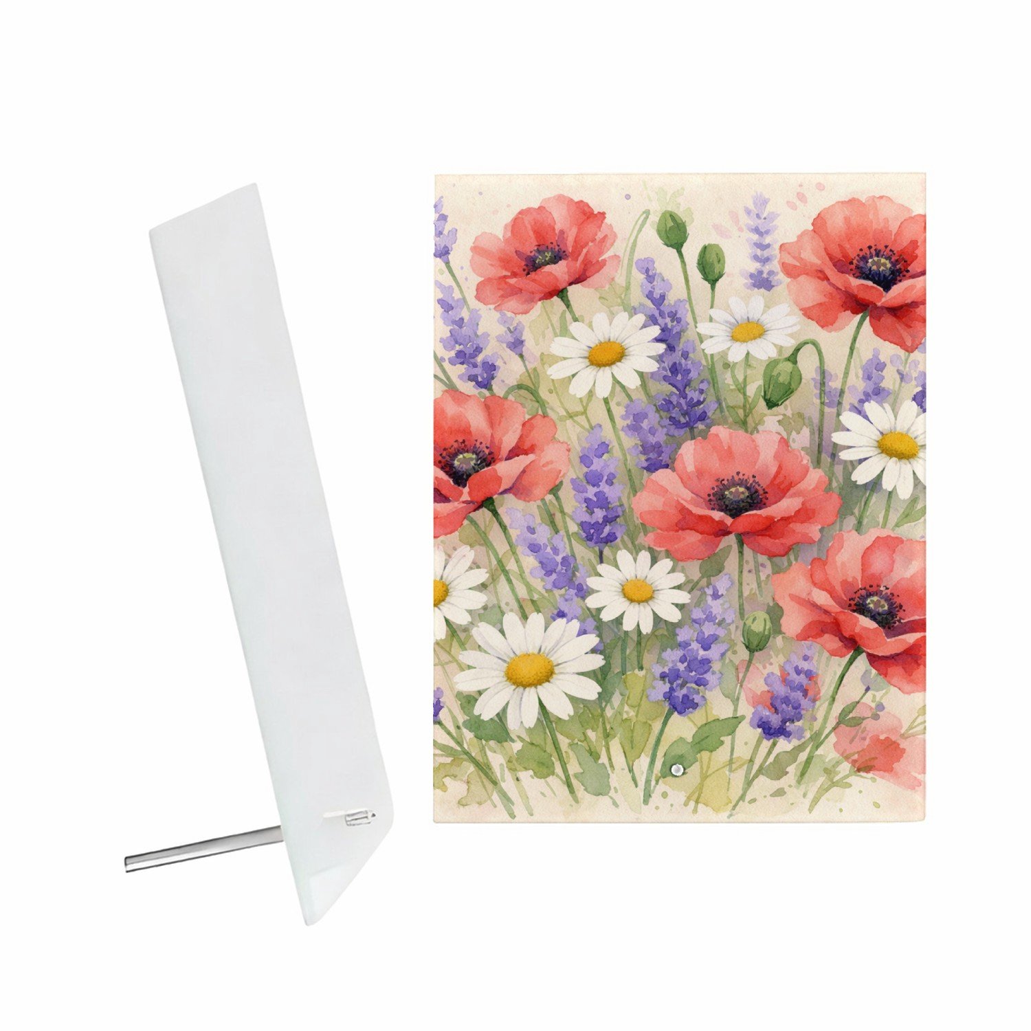 Mr Cadeautjes Glazen fotopaneel Aquarel wilde bloemen - 15 x 20 cm, staand - glas, decoratie, wanddecoratie | cadeau Wit
