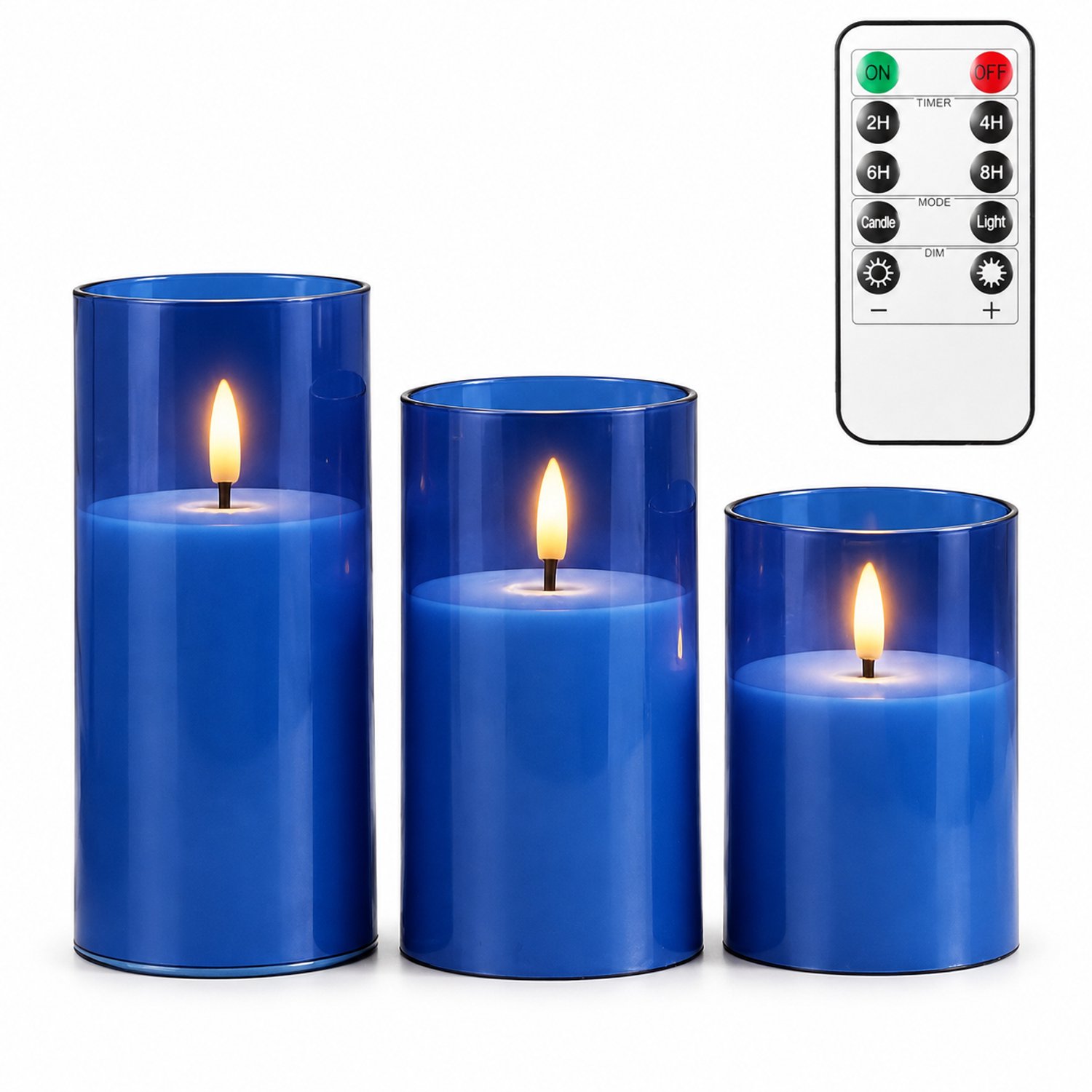 SWGOTA led kaarsen blauw, set van 3 in doos, cilindervormig met vlamvormige verlichting, afstandsbediening met timer en 1 knoopcel voor de afstandsbediening